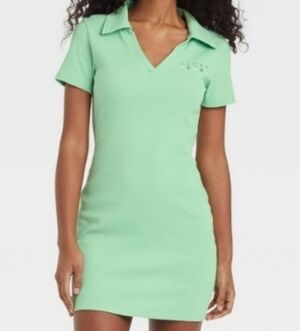 Zoe + Liv Grayed Jade St. Patrick's Day Embroidered Ribbed Bodycon Polo Dress L